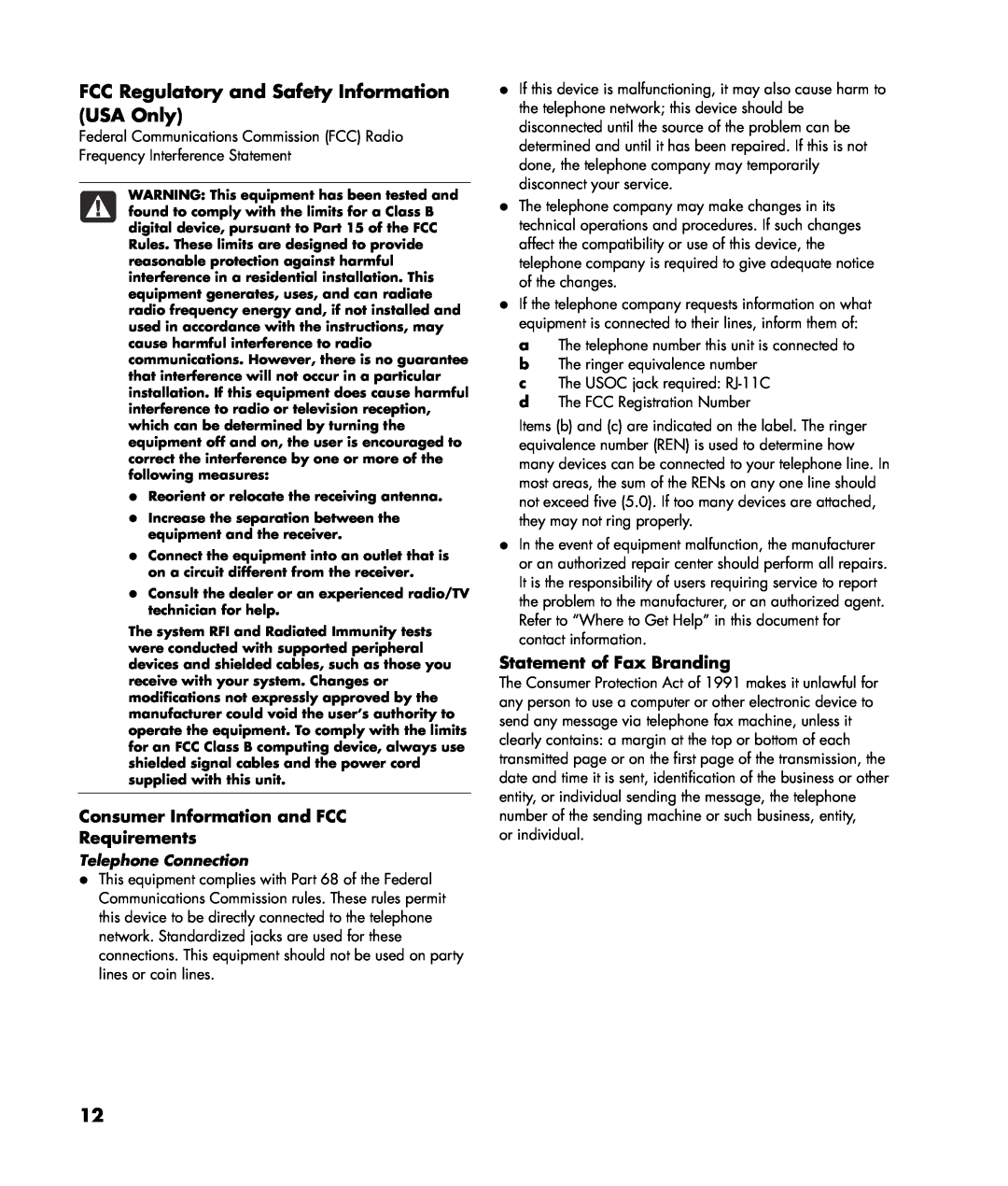 HP SR5450F FCC Regulatory and Safety Information USA Only, Consumer Information and FCC Requirements, Telephone Connection 