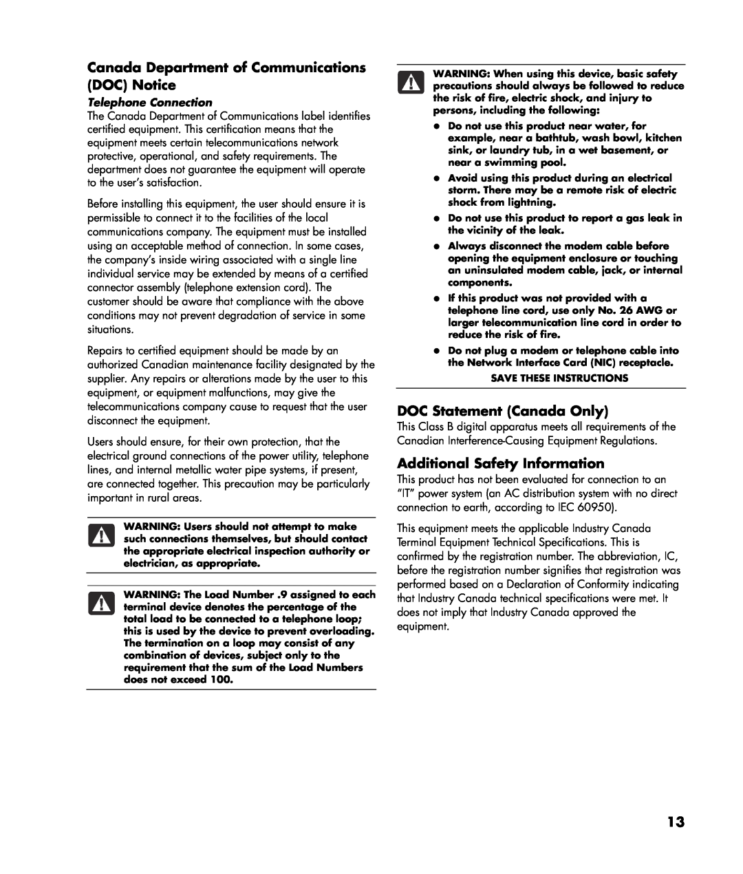 HP SR5448F manual Canada Department of Communications DOC Notice, DOC Statement Canada Only, Additional Safety Information 