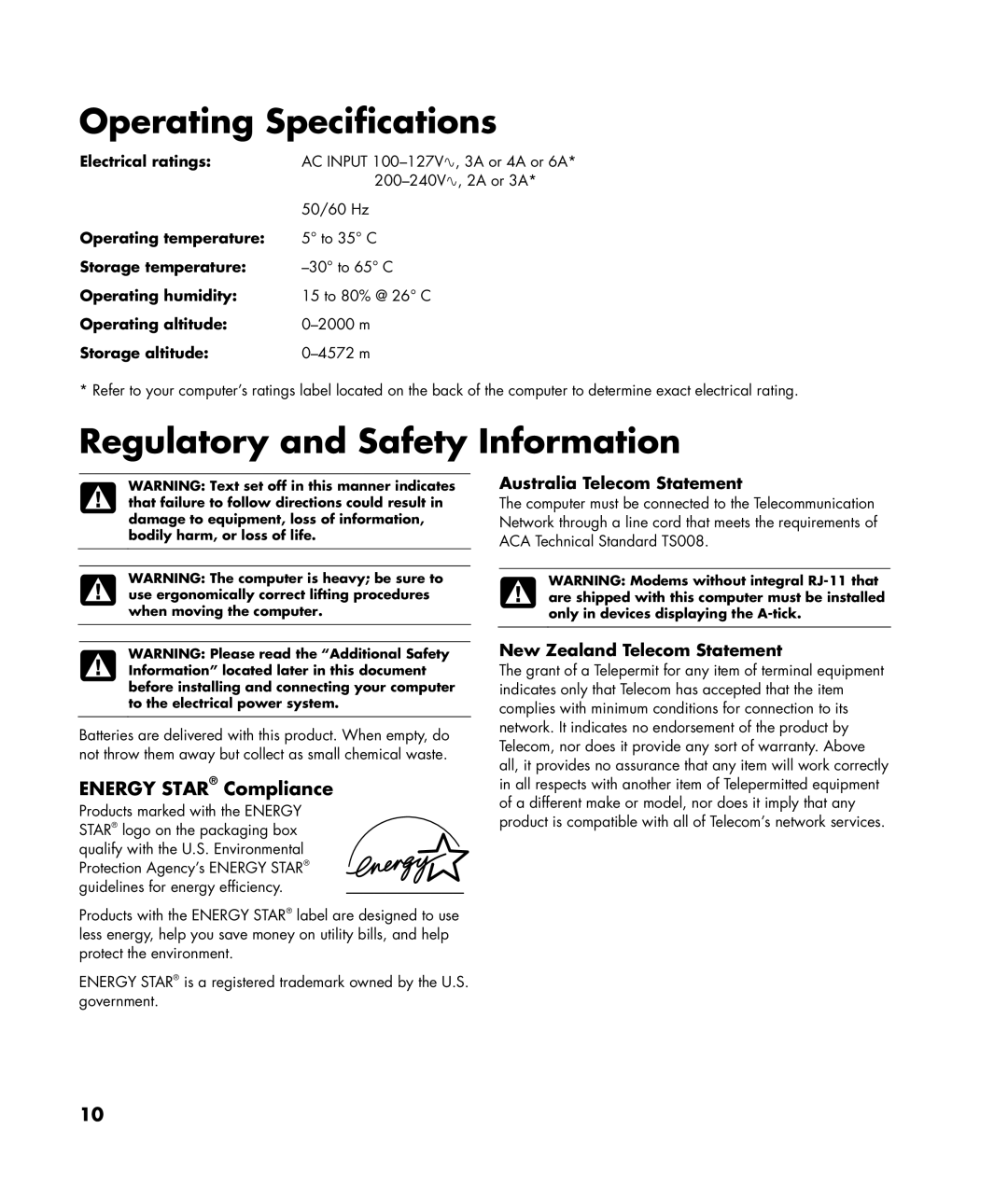 HP SR5250AP, SR5470AN, SR5218HK, SR5213HK, SR5353HK, SR5355AP manual Australia Telecom Statement, New Zealand Telecom Statement 