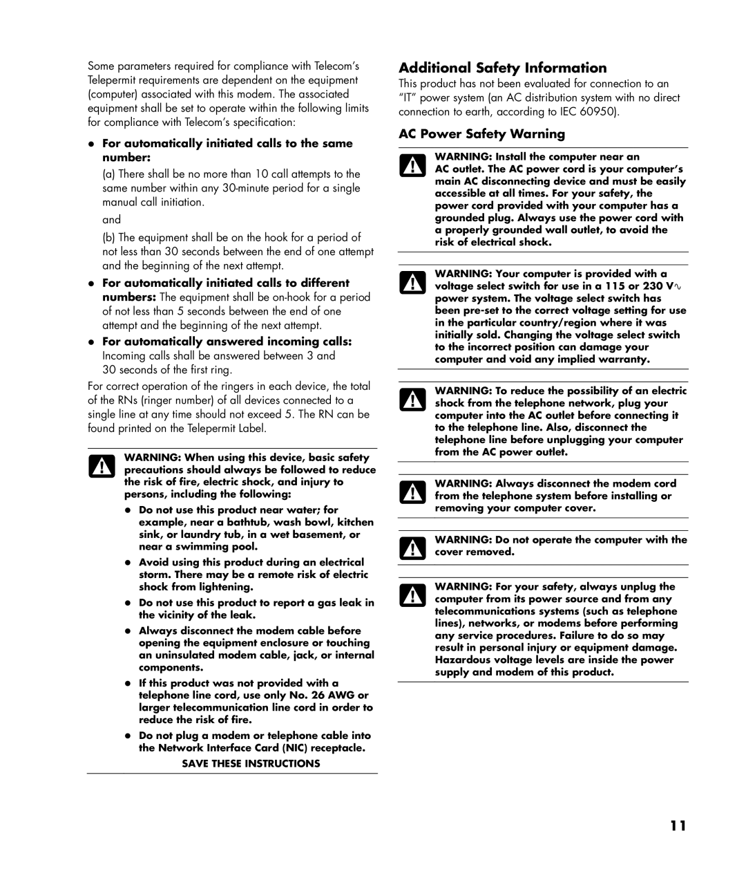 HP SR5333HK, SR5470AN, SR5218HK, SR5213HK manual AC Power Safety Warning, For automatically initiated calls to the same number 