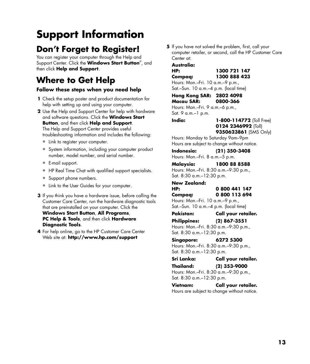 HP SR5108HK, SR5470AN, SR5218HK, SR5213HK Don’t Forget to Register, Where to Get Help, Follow these steps when you need help 