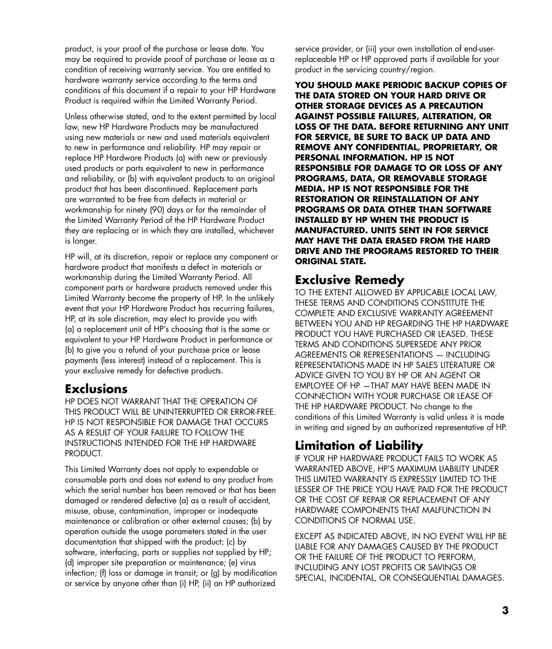 HP SR5353HK, SR5470AN, SR5218HK, SR5213HK, SR5355AP, SR5352AP, SR5351AP Exclusions, Exclusive Remedy, Limitation of Liability 