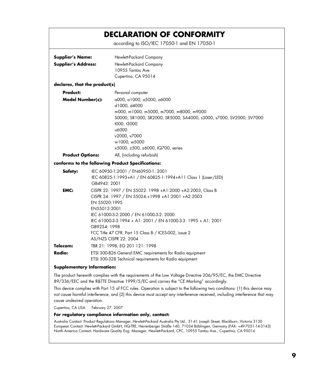 HP SR5253HK, SR5470AN, SR5218HK, SR5213HK, SR5353HK, SR5355AP, SR5352AP, SR5351AP, SR5313HK, SR5275AP Declaration of Conformity 