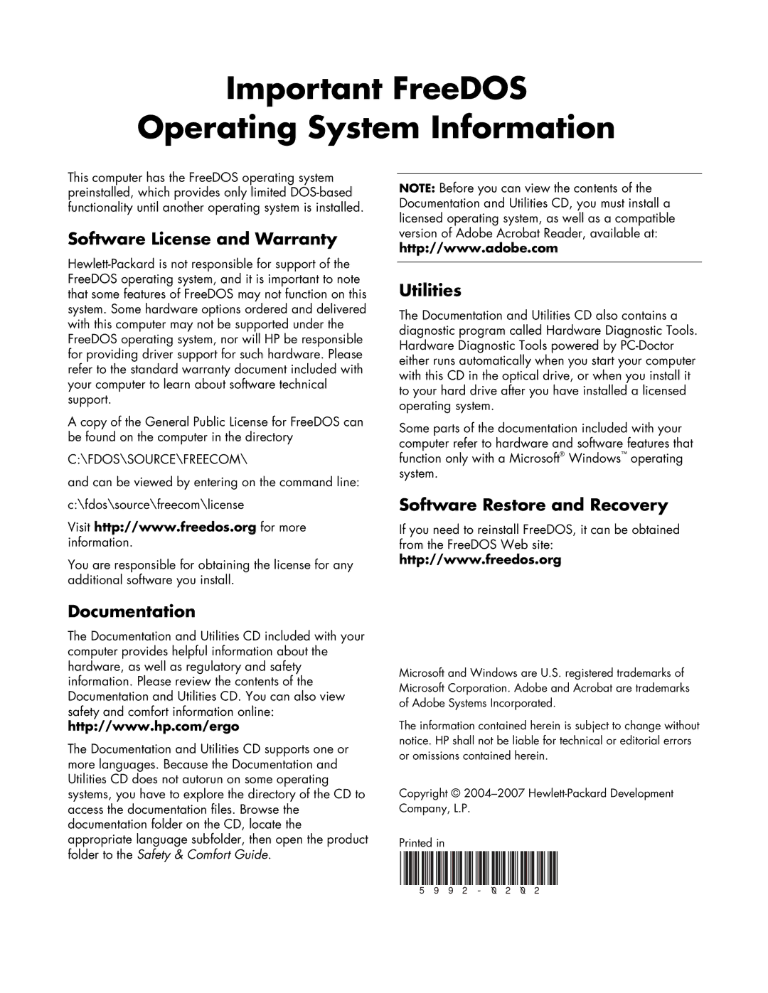 HP SR5512CF, SR5511CF manual Important FreeDOS Operating System Information, Software License and Warranty, Utilities 