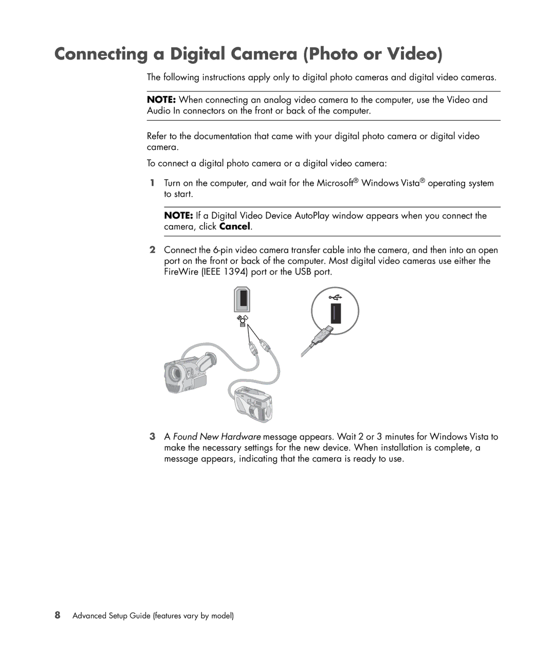 HP SR5505F, SR5548F, SR5507F, SR5508F, SR5552F, SR5550F manual Connecting a Digital Camera Photo or Video 