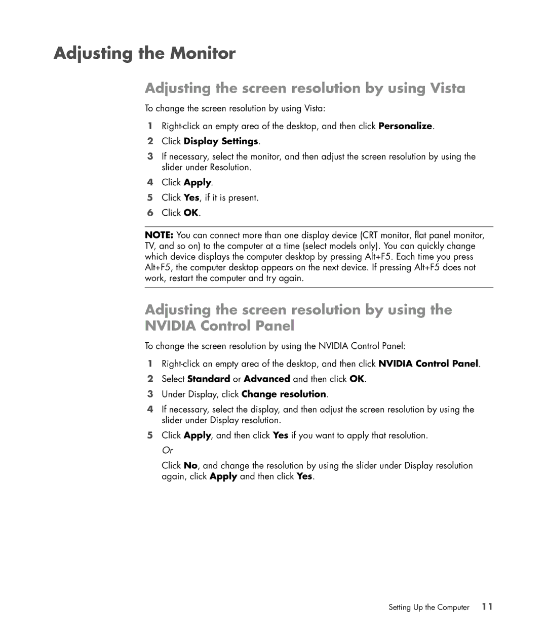 HP SR5550F, SR5548F, SR5507F Adjusting the Monitor, Adjusting the screen resolution by using Vista, Click Display Settings 