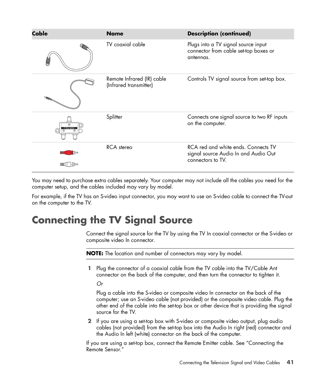 HP SR5550F, SR5548F, SR5507F, SR5505F, SR5508F, SR5552F manual Connecting the TV Signal Source 