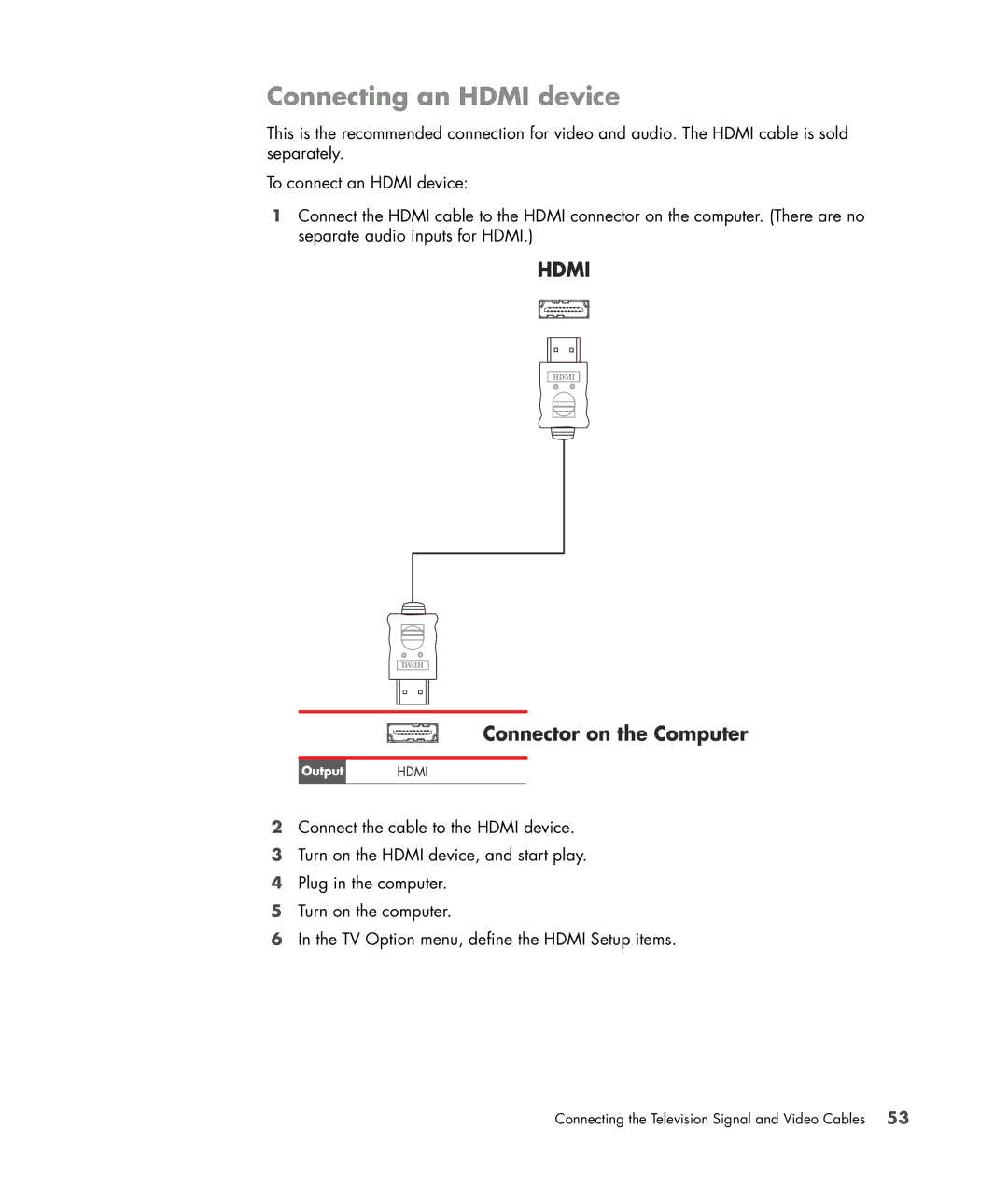 HP SR5550F, SR5548F, SR5507F, SR5505F, SR5508F, SR5552F manual Connecting an Hdmi device, Connector on the Computer 