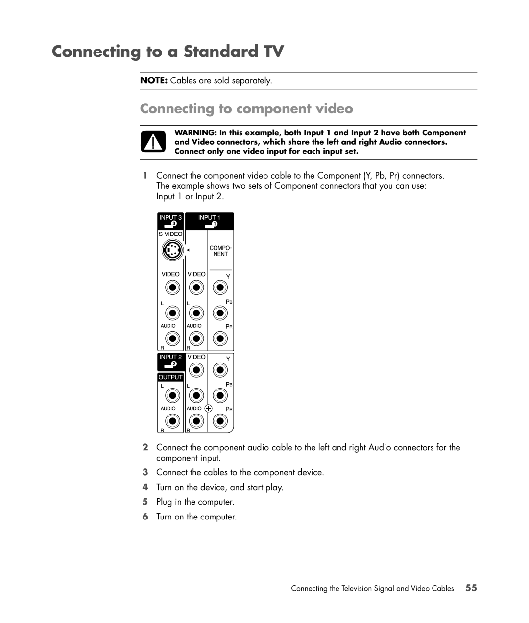 HP SR5507F, SR5548F, SR5505F, SR5508F, SR5552F, SR5550F manual Connecting to a Standard TV, Connecting to component video 