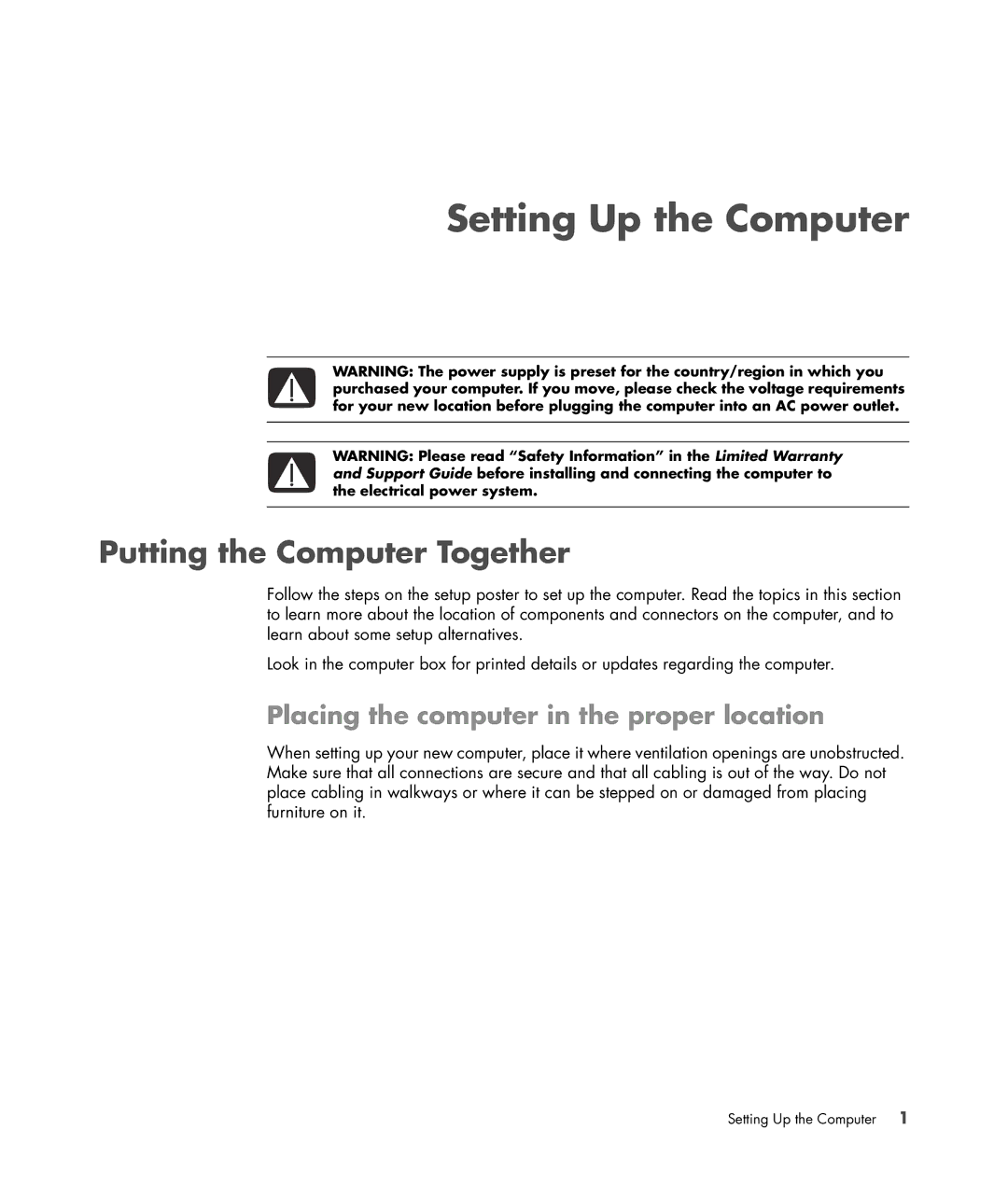 HP SR5507F, SR5548F, SR5505F, SR5508F, SR5552F Putting the Computer Together, Placing the computer in the proper location 