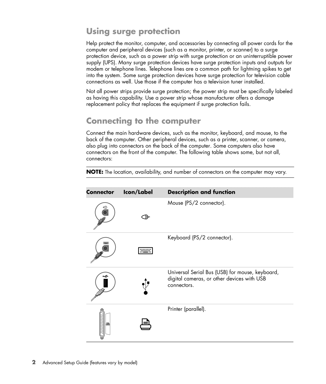 HP SR5505F, SR5548F manual Using surge protection, Connecting to the computer, Connector Icon/Label Description and function 