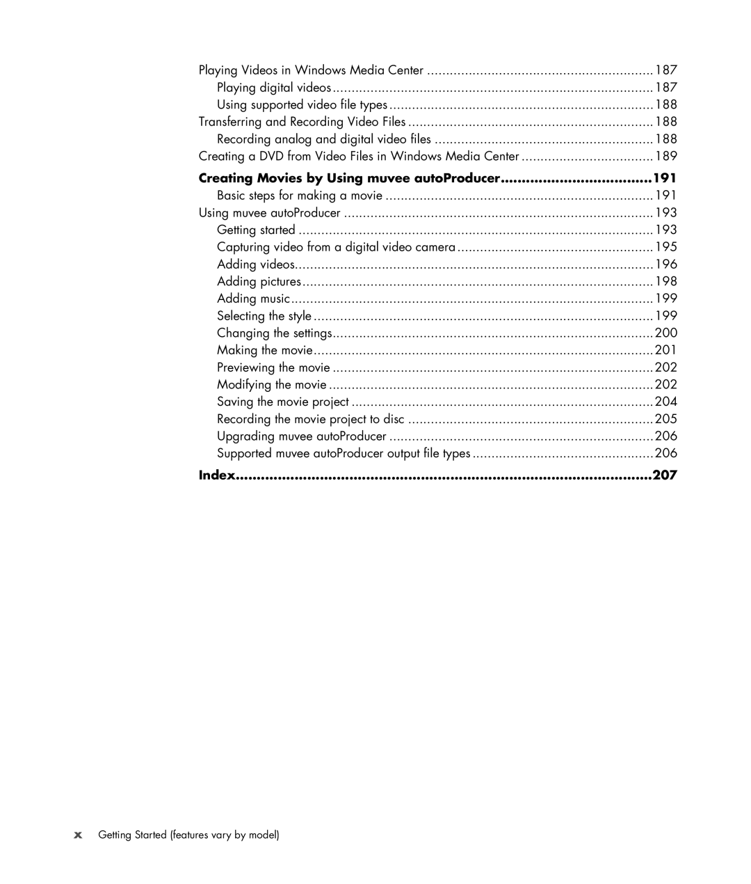 HP SR5448F, SR5548F, SR5518F, SR5518CF, SR5608F, SR5513CF, SR5507F Creating Movies by Using muvee autoProducer 191, Index 207 