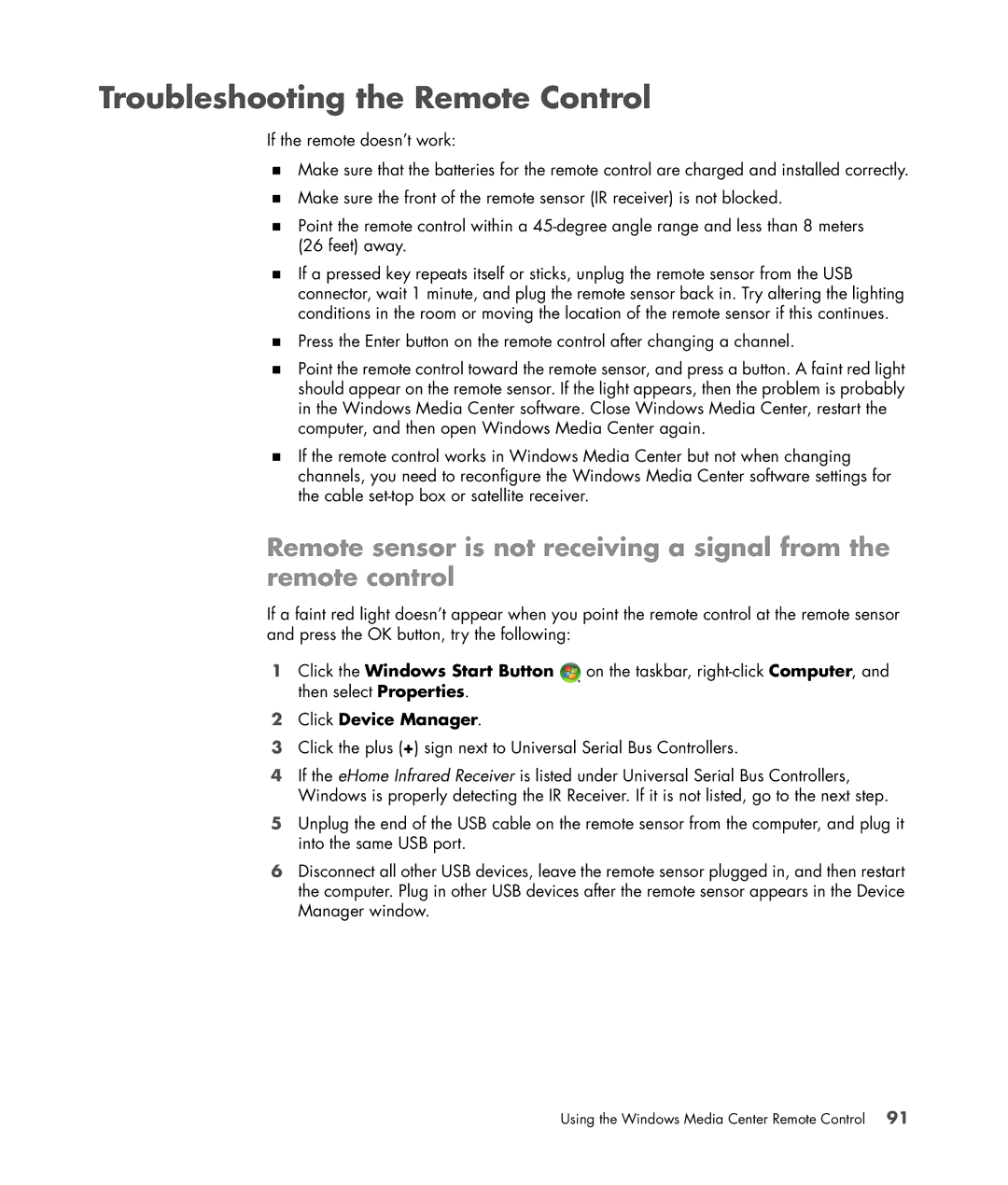 HP SR5433WM, SR5548F, SR5518F, SR5518CF, SR5608F, SR5513CF, SR5507F Troubleshooting the Remote Control, Click Device Manager 