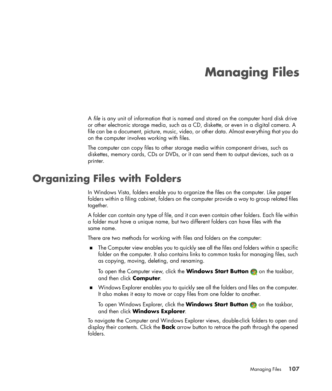 HP SR5712F, SR5548F, SR5518F, SR5518CF, SR5608F, SR5513CF, SR5507F, SR5510F manual Managing Files, Organizing Files with Folders 