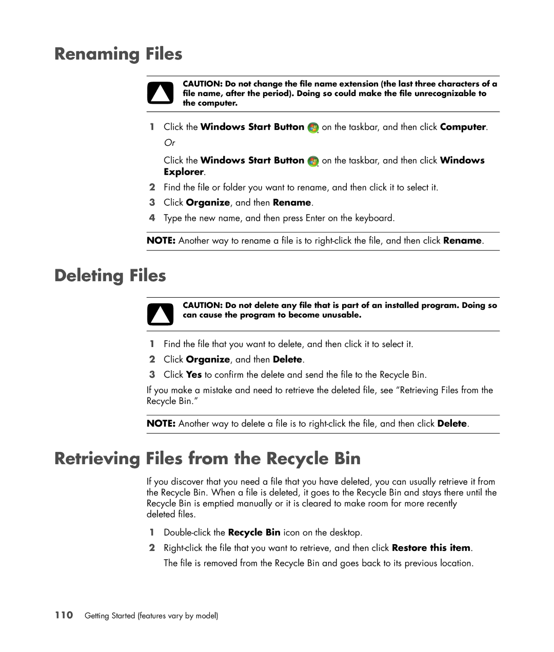 HP SR5548F, SR5518F, SR5518CF, SR5608F, SR5513CF manual Renaming Files, Deleting Files, Retrieving Files from the Recycle Bin 