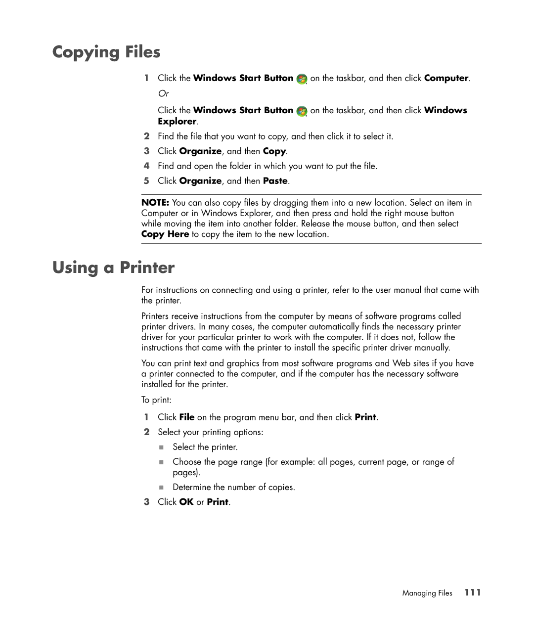 HP SR5518F, SR5548F, SR5518CF, SR5608F, SR5513CF, SR5507F, SR5510F, SR5470AN, SR5505F, SR5450F manual Copying Files, Using a Printer 