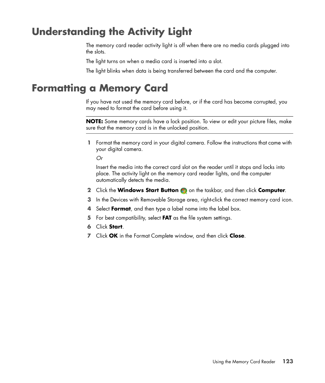 HP SR5421F, SR5548F, SR5518F, SR5518CF, SR5608F, SR5513CF, SR5507F Understanding the Activity Light, Formatting a Memory Card 