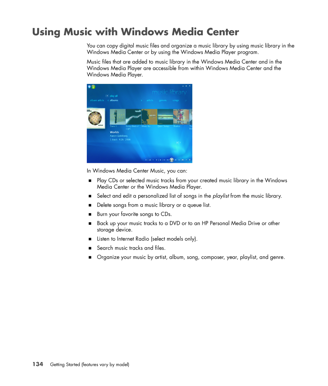 HP SR5413WM, SR5548F, SR5518F, SR5518CF, SR5608F, SR5513CF, SR5507F, SR5510F, SR5470AN manual Using Music with Windows Media Center 