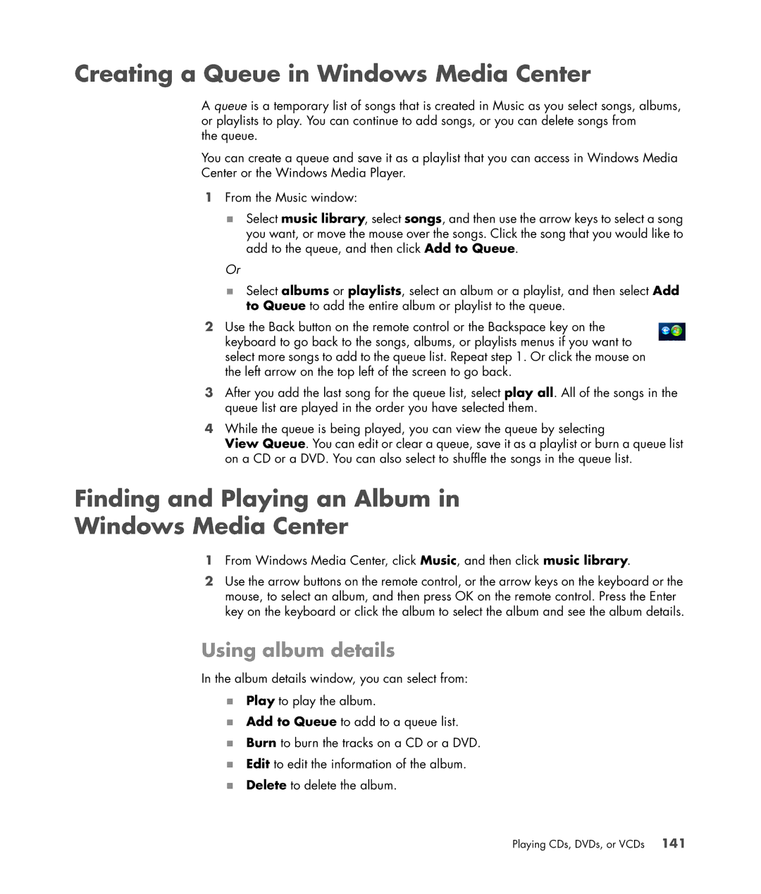 HP SR5518F, SR5548F, SR5518CF Creating a Queue in Windows Media Center, Finding and Playing an Album Windows Media Center 