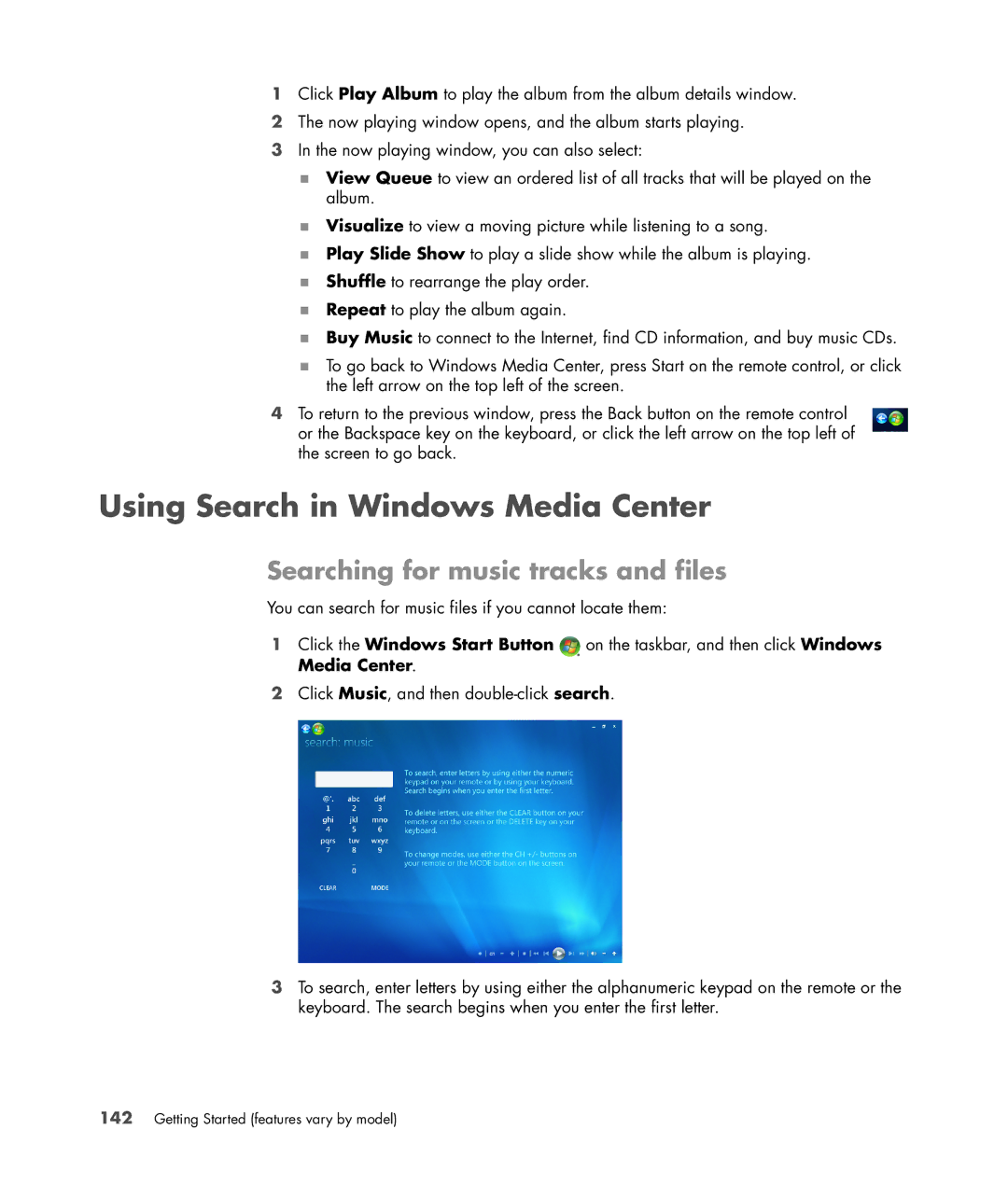 HP SR5518CF, SR5548F, SR5518F, SR5608F, SR5513CF Using Search in Windows Media Center, Searching for music tracks and files 