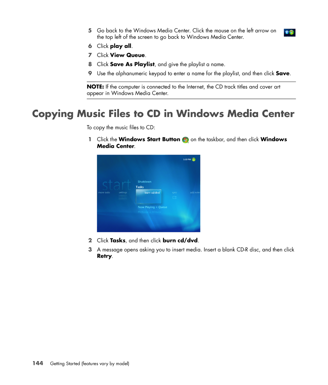 HP SR5513CF, SR5548F, SR5518F, SR5518CF Copying Music Files to CD in Windows Media Center, Click play all Click View Queue 