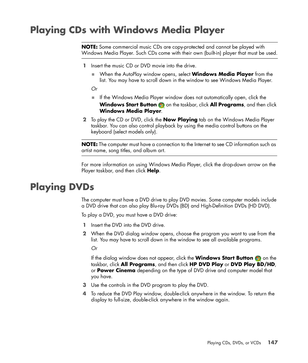 HP SR5470AN, SR5548F, SR5518F, SR5518CF, SR5608F, SR5513CF, SR5507F, SR5510F Playing CDs with Windows Media Player, Playing DVDs 