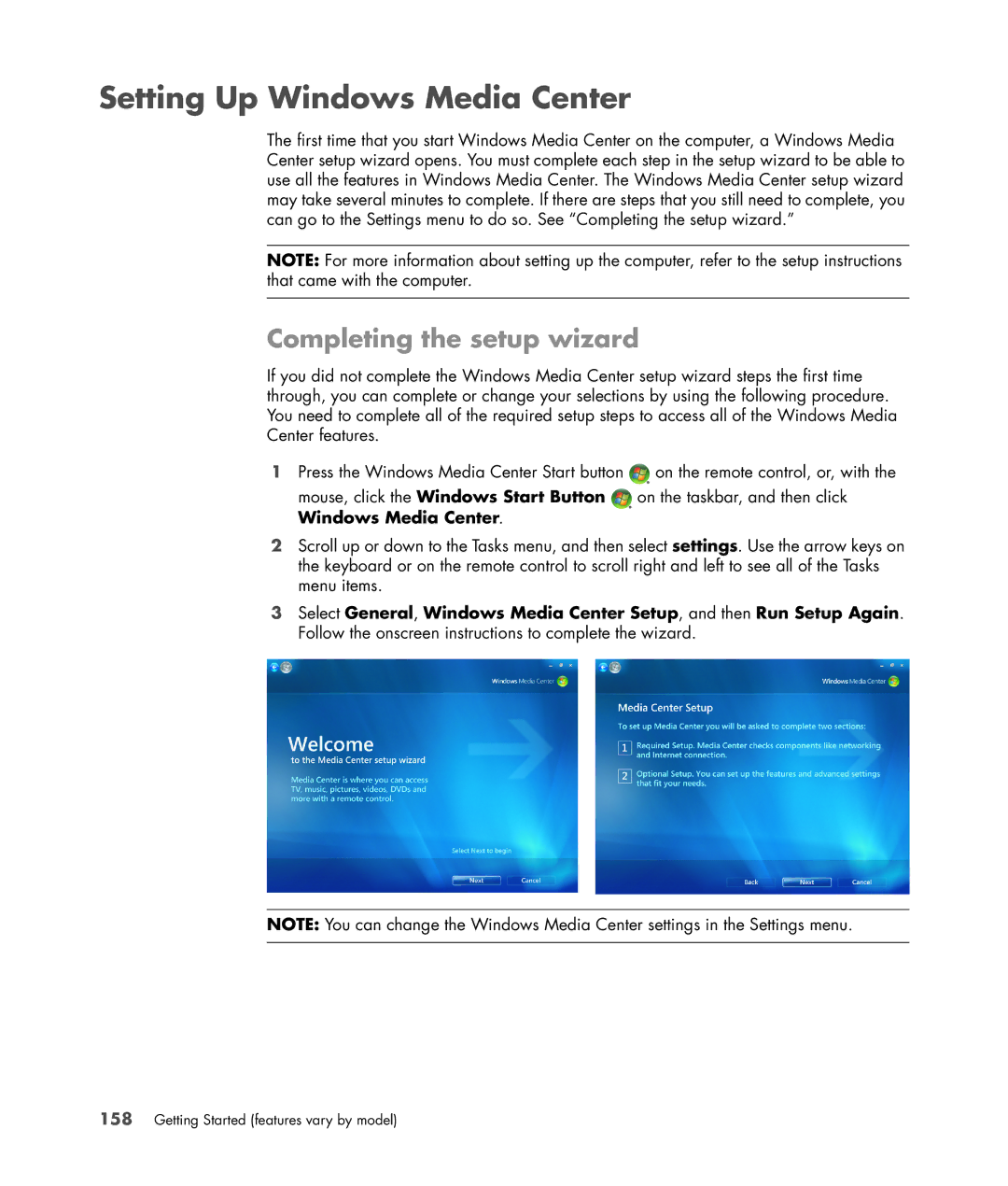 HP SR5648F, SR5548F, SR5518F, SR5518CF, SR5608F, SR5513CF, SR5507F Setting Up Windows Media Center, Completing the setup wizard 