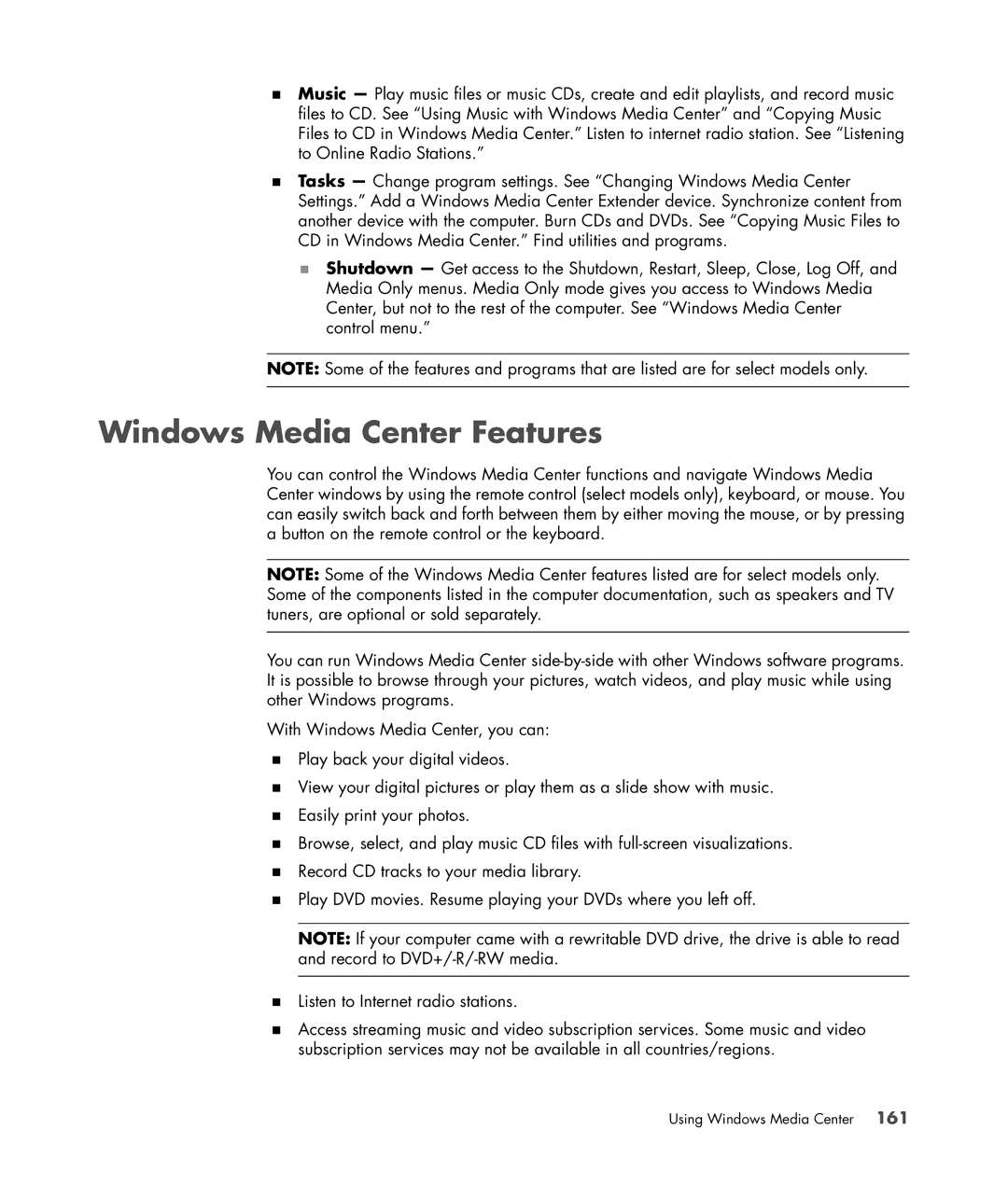 HP SR5610F, SR5548F, SR5518F, SR5518CF, SR5608F, SR5513CF, SR5507F, SR5510F, SR5470AN, SR5505F manual Windows Media Center Features 