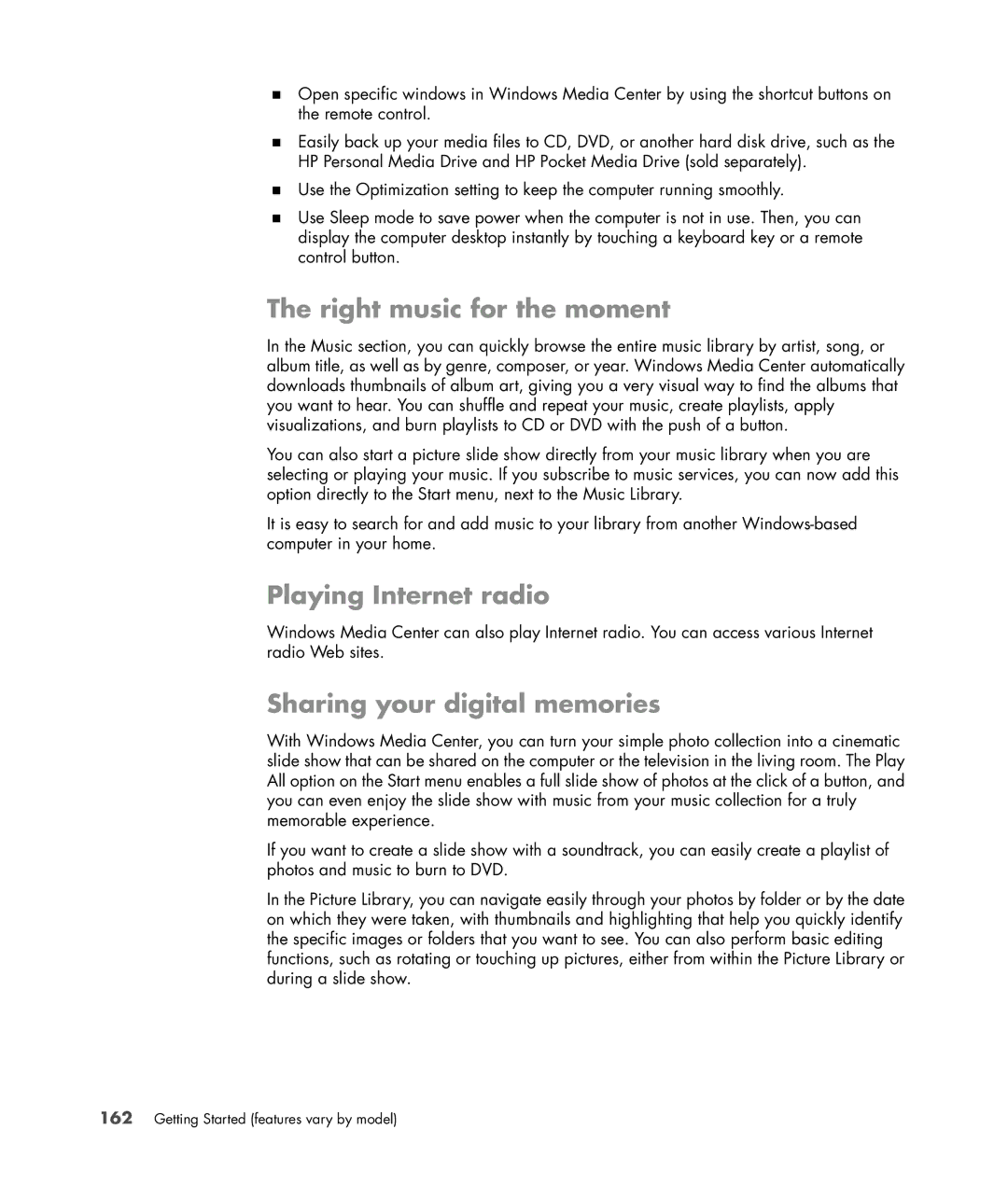 HP SR5612F, SR5548F, SR5518F, SR5518CF Right music for the moment, Playing Internet radio, Sharing your digital memories 