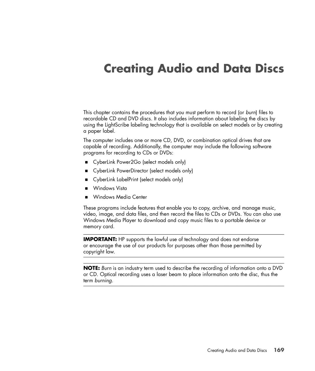 HP SR5710Y, SR5548F, SR5518F, SR5518CF, SR5608F, SR5513CF, SR5507F, SR5510F, SR5470AN, SR5505F manual Creating Audio and Data Discs 