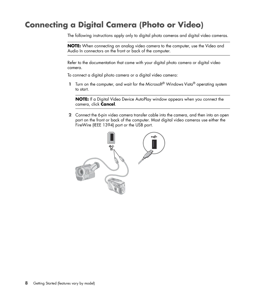 HP SR5648F, SR5548F, SR5518F, SR5518CF, SR5608F, SR5513CF, SR5507F, SR5510F, SR5470AN Connecting a Digital Camera Photo or Video 