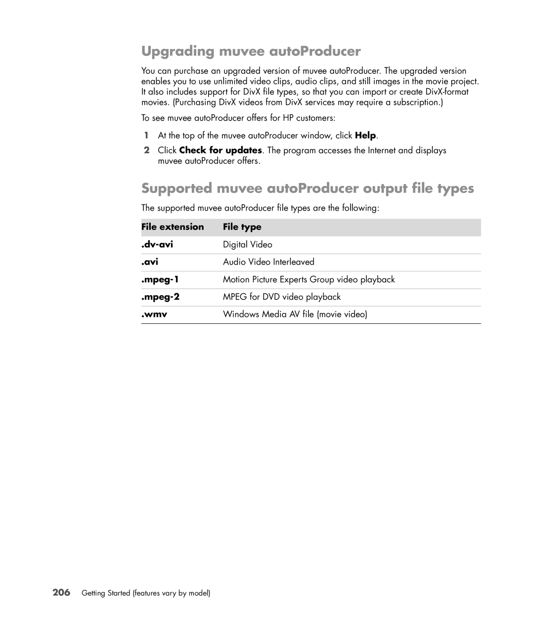 HP SR5510F, SR5548F, SR5518F, SR5518CF, SR5608F Upgrading muvee autoProducer, Supported muvee autoProducer output file types 