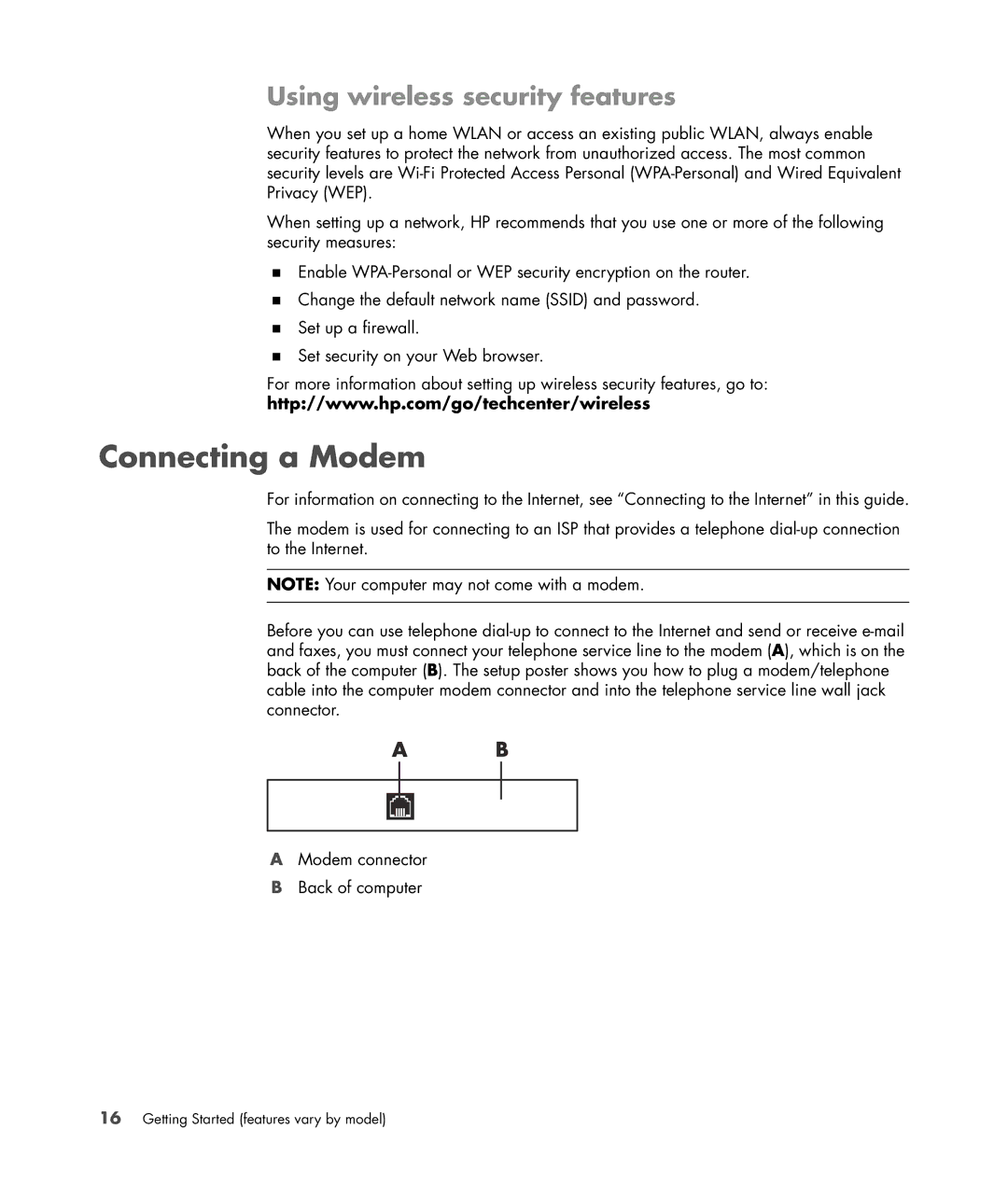 HP SR5707C, SR5548F, SR5518F, SR5518CF, SR5608F, SR5513CF, SR5507F, SR5510F Connecting a Modem, Using wireless security features 