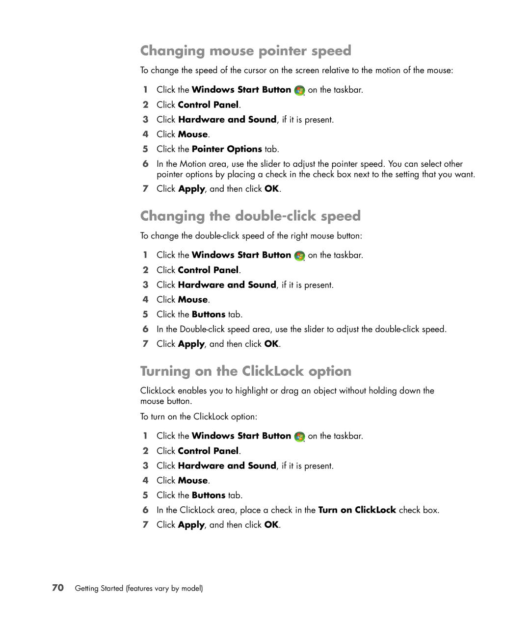 HP SR5616F, SR5548F, SR5518F Changing mouse pointer speed, Changing the double-click speed, Turning on the ClickLock option 