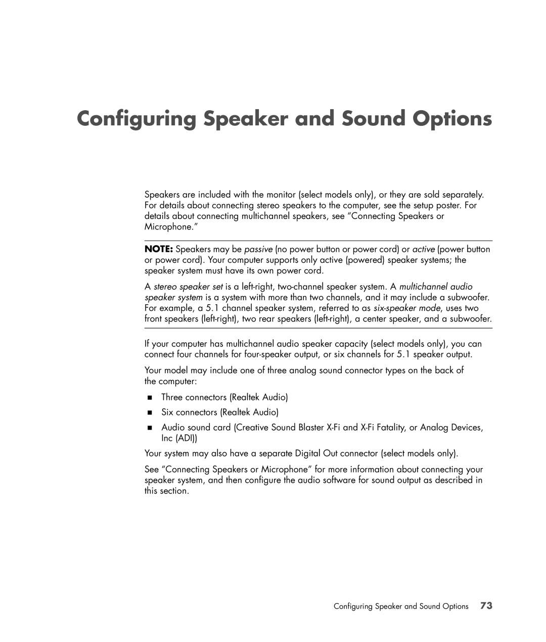 HP SR5415CF, SR5548F, SR5518F, SR5518CF, SR5608F, SR5513CF, SR5507F, SR5510F, SR5470AN manual Configuring Speaker and Sound Options 