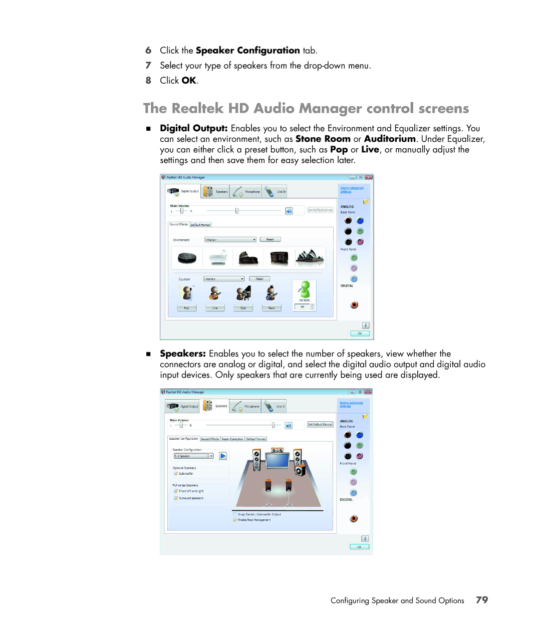 HP SR5710Y, SR5548F, SR5518F, SR5518CF, SR5608F Realtek HD Audio Manager control screens, Click the Speaker Configuration tab 