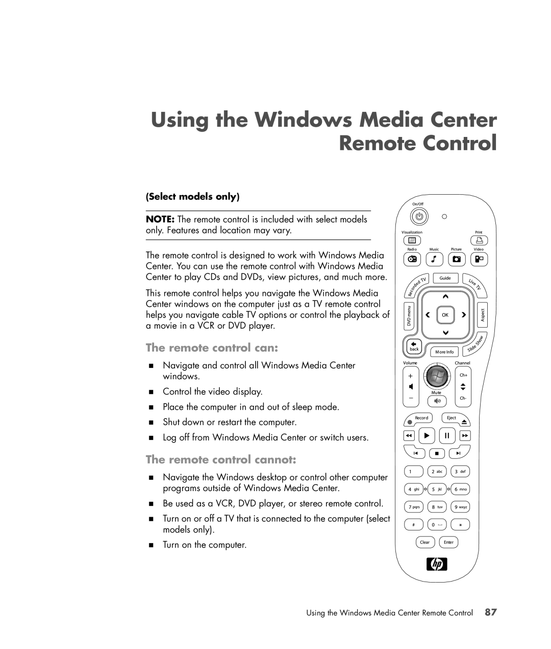 HP SR5470AN, SR5548F, SR5518F, SR5518CF, SR5608F Using the Windows Media Center Remote Control, Remote control cannot 