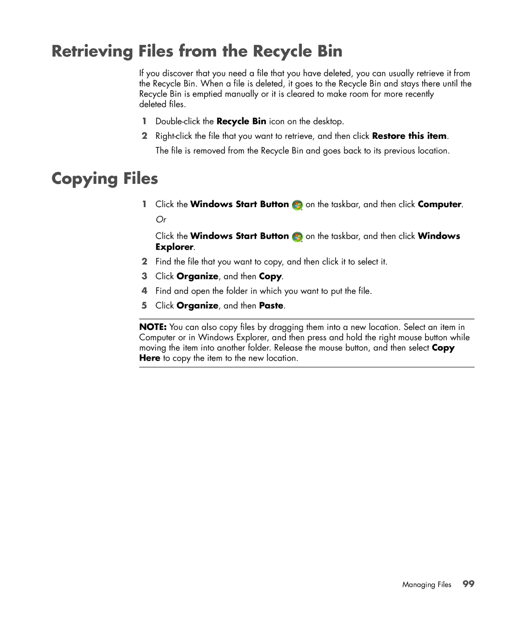 HP SR5703WM, SR5556AP, SR5501P, SR5502FH, SR5611F, SR5602FH, SR5604F manual Retrieving Files from the Recycle Bin, Copying Files 