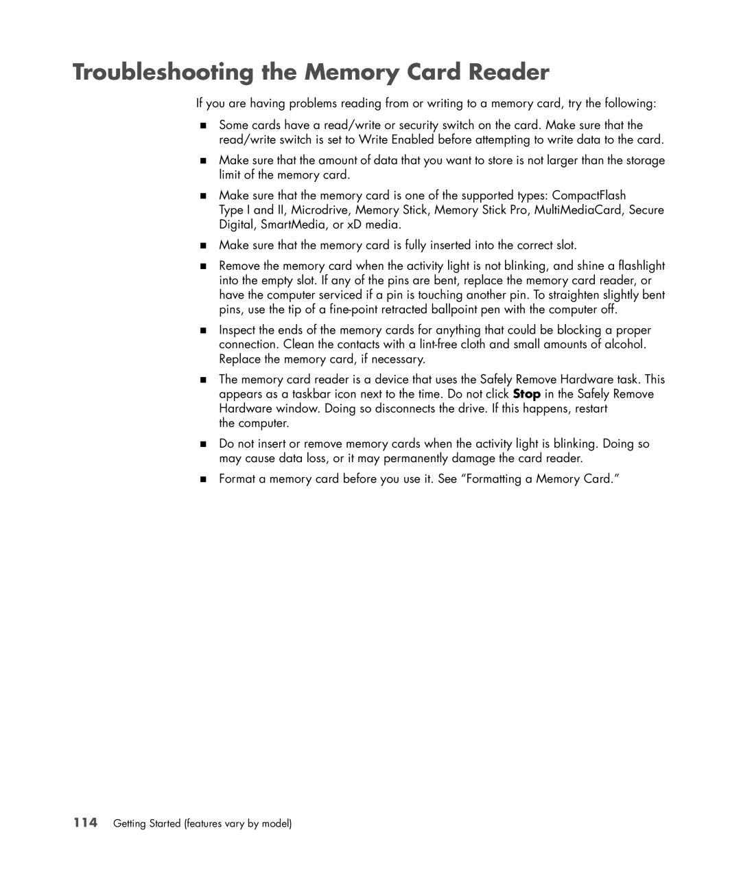 HP SR5602FH, SR5556AP, SR5501P, SR5502FH, SR5703WM, SR5611F, SR5604F, SR5601P, SR5606F Troubleshooting the Memory Card Reader 