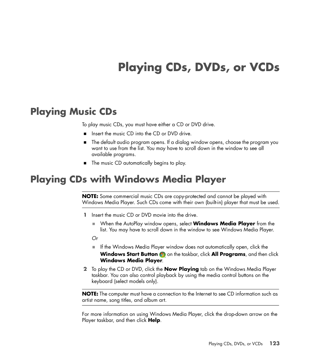 HP SR5501P, SR5556AP, SR5502FH, SR5611F Playing CDs, DVDs, or VCDs, Playing Music CDs, Playing CDs with Windows Media Player 