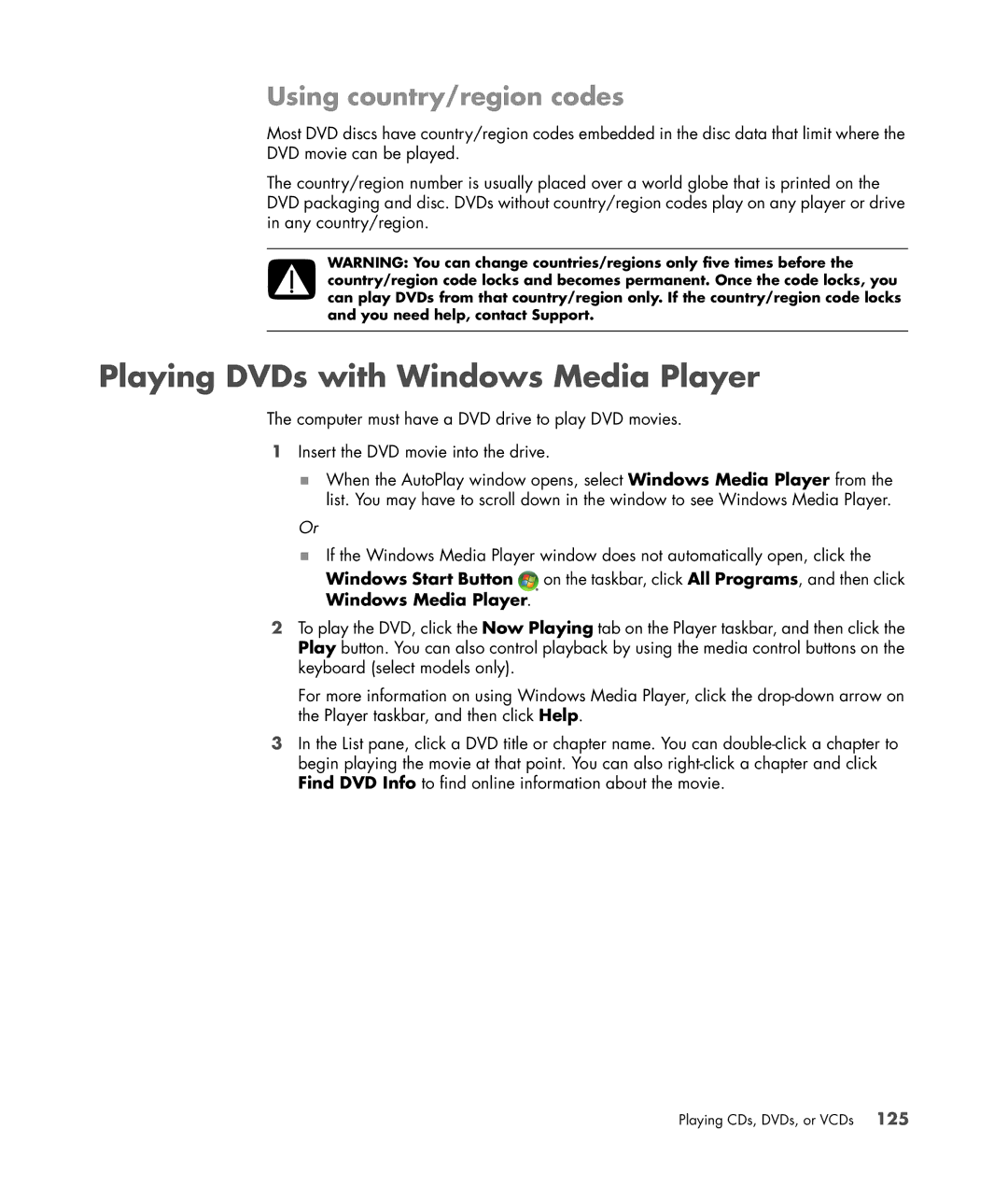 HP SR5703WM, SR5556AP, SR5501P, SR5502FH, SR5611F, SR5602FH Playing DVDs with Windows Media Player, Using country/region codes 