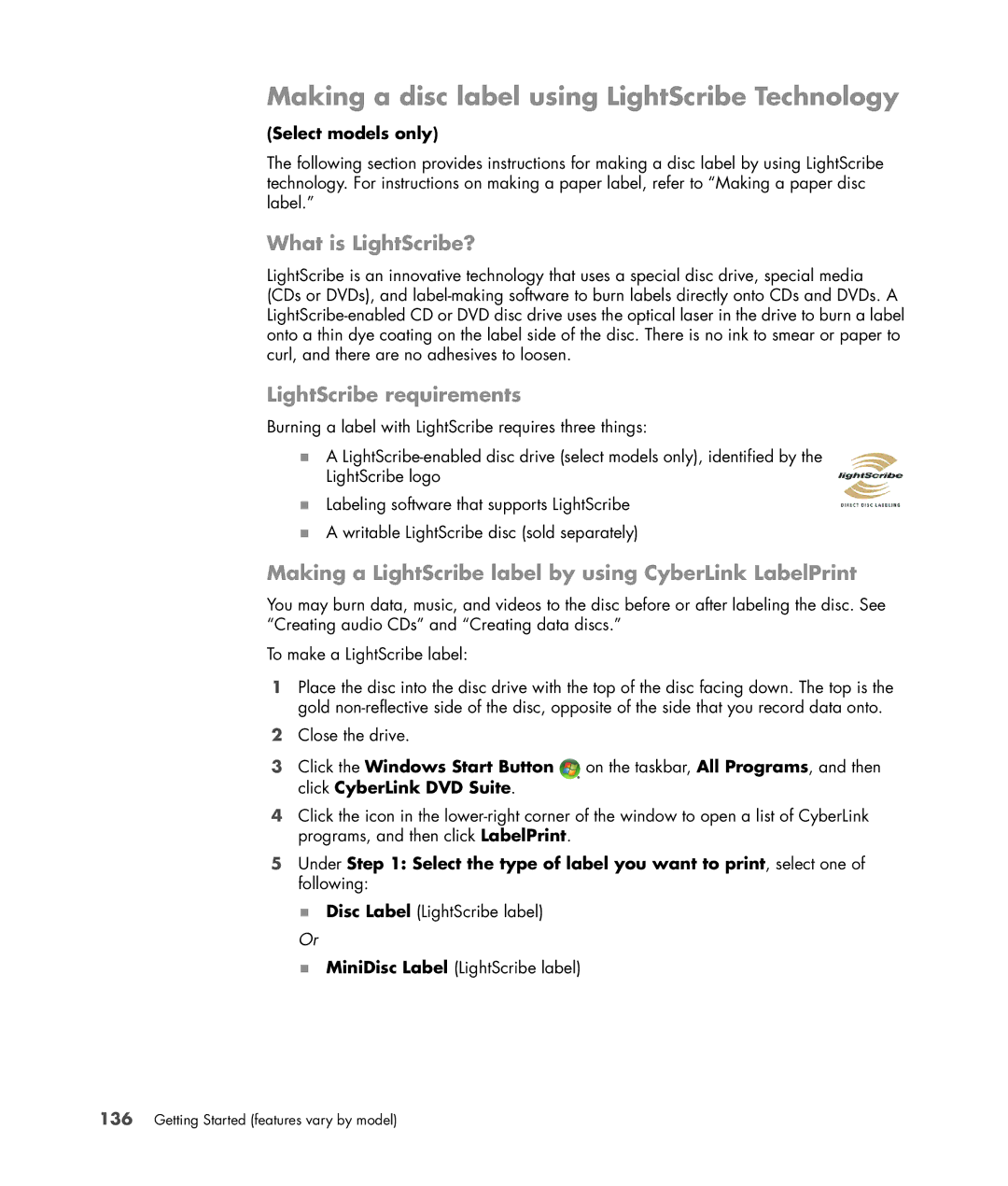 HP SR5501P, SR5556AP manual Making a disc label using LightScribe Technology, What is LightScribe?, LightScribe requirements 