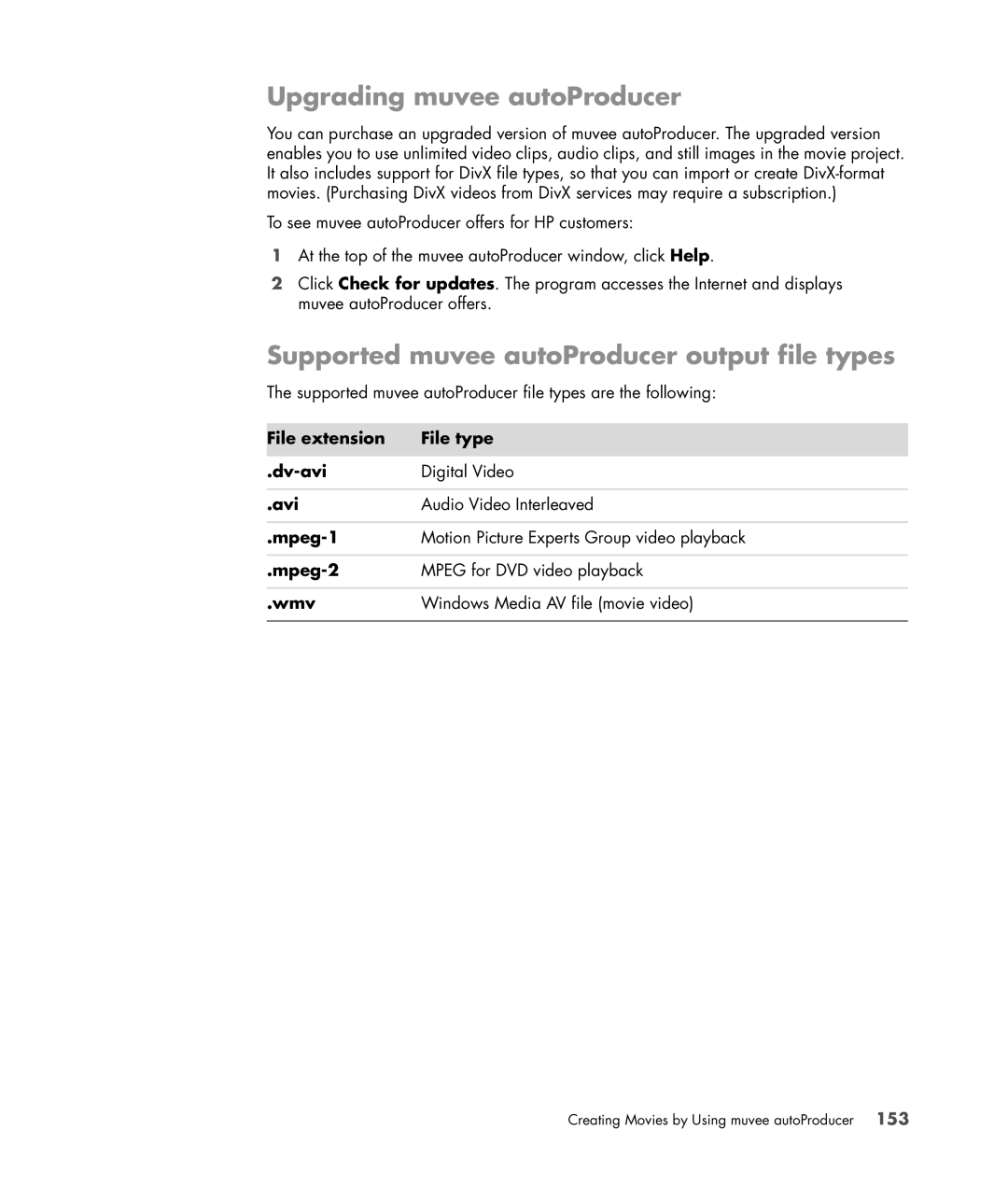 HP SR5602FH, SR5556AP, SR5501P, SR5502FH manual Upgrading muvee autoProducer, Supported muvee autoProducer output file types 