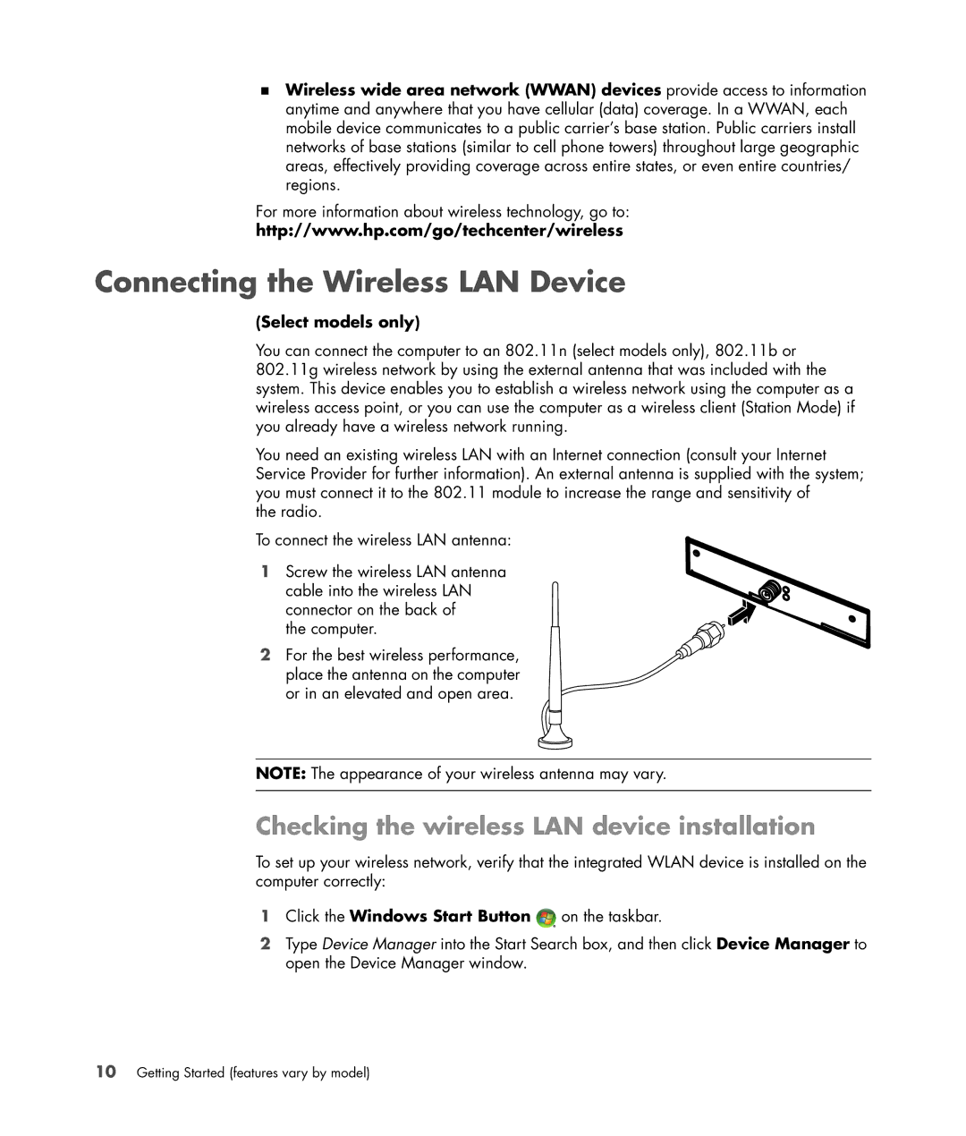 HP SR5602FH, SR5501P Connecting the Wireless LAN Device, Checking the wireless LAN device installation, Select models only 