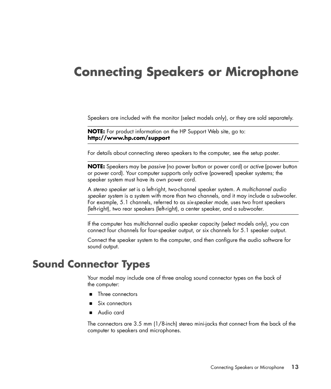 HP SR5606F, SR5556AP, SR5501P, SR5502FH, SR5703WM, SR5611F, SR5602FH Connecting Speakers or Microphone, Sound Connector Types 