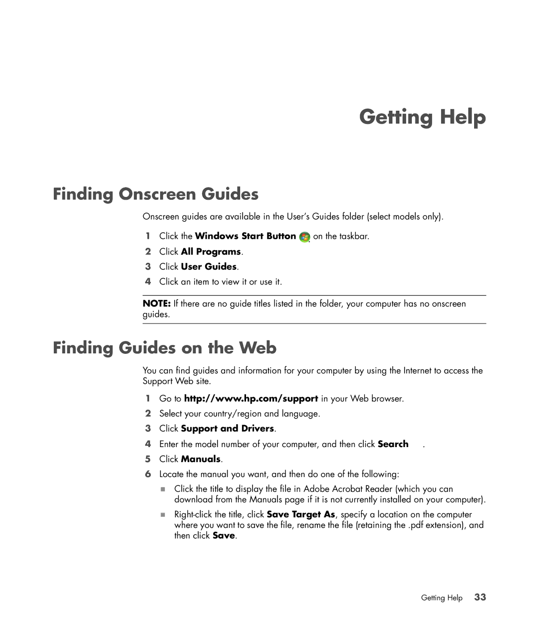 HP SR5502FH manual Getting Help, Finding Onscreen Guides, Finding Guides on the Web, Click All Programs Click User Guides 