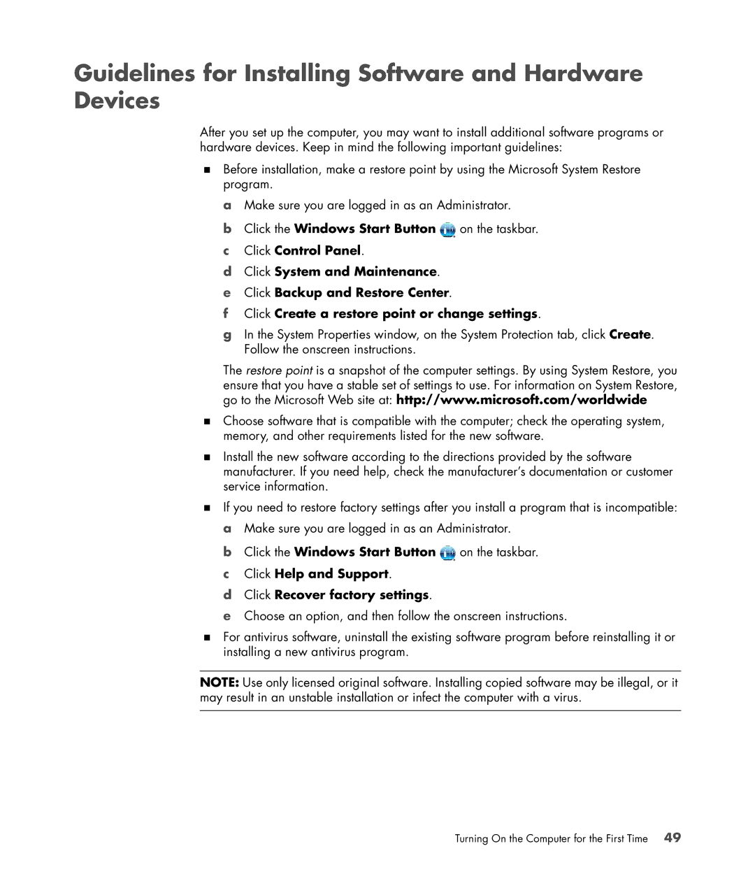 HP SR5602FH, SR5556AP, SR5501P manual Guidelines for Installing Software and Hardware Devices, Click Recover factory settings 