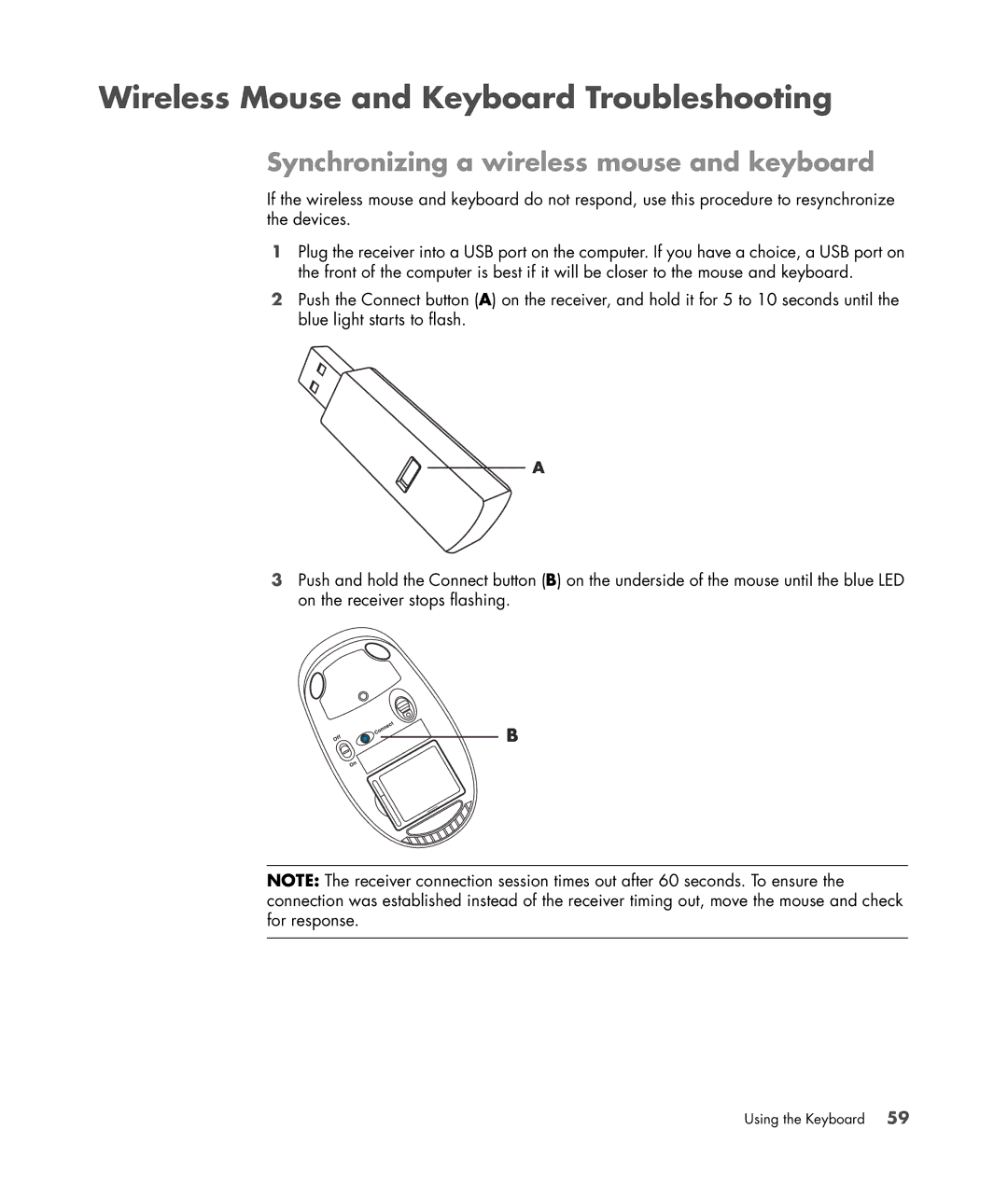 HP SR5502FH, SR5556AP, SR5501P Wireless Mouse and Keyboard Troubleshooting, Synchronizing a wireless mouse and keyboard 