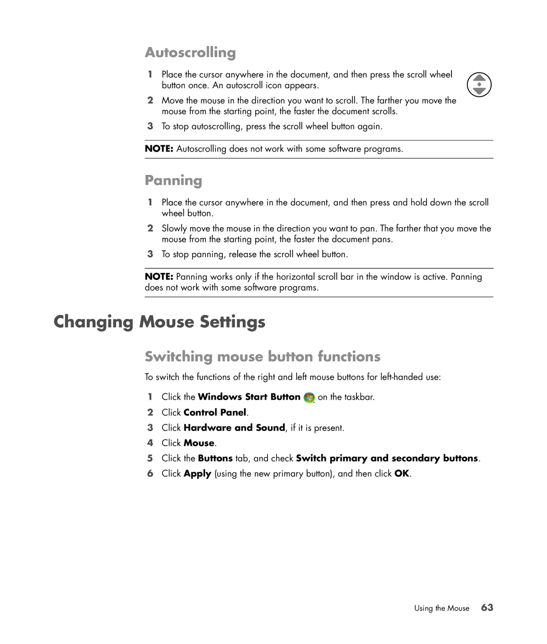 HP SR5604F, SR5556AP, SR5501P, SR5502FH Changing Mouse Settings, Autoscrolling, Panning, Switching mouse button functions 