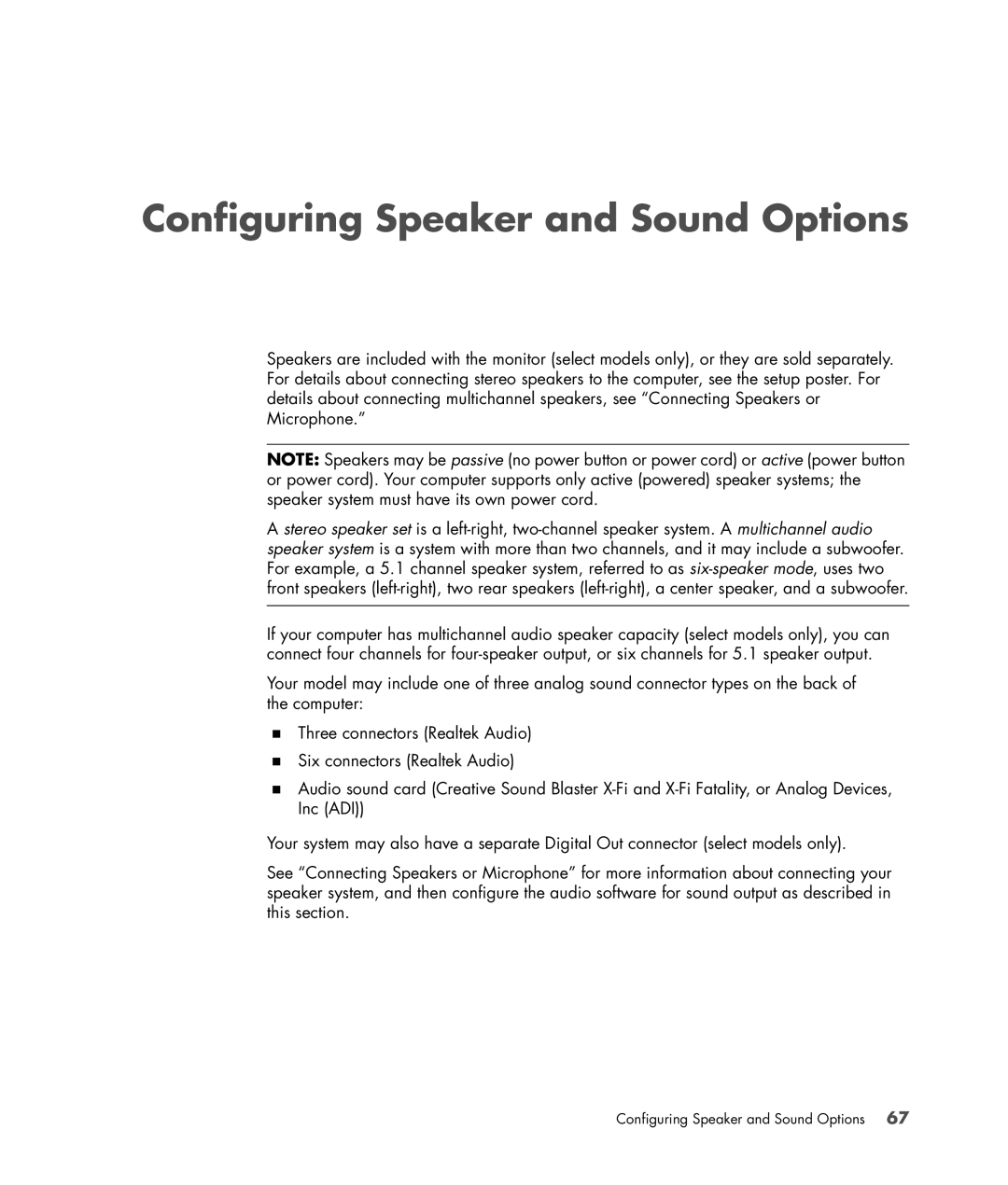 HP SR5402FH, SR5556AP, SR5501P, SR5502FH, SR5703WM, SR5611F, SR5602FH, SR5604F, SR5601P Configuring Speaker and Sound Options 